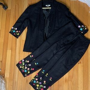 Dressbarn Black Jacket and Pants Set with Floral Embroidery